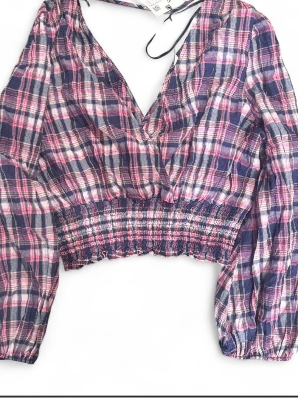 Zara Pink & Navy Plaid V-Neck Smocked Crop Top